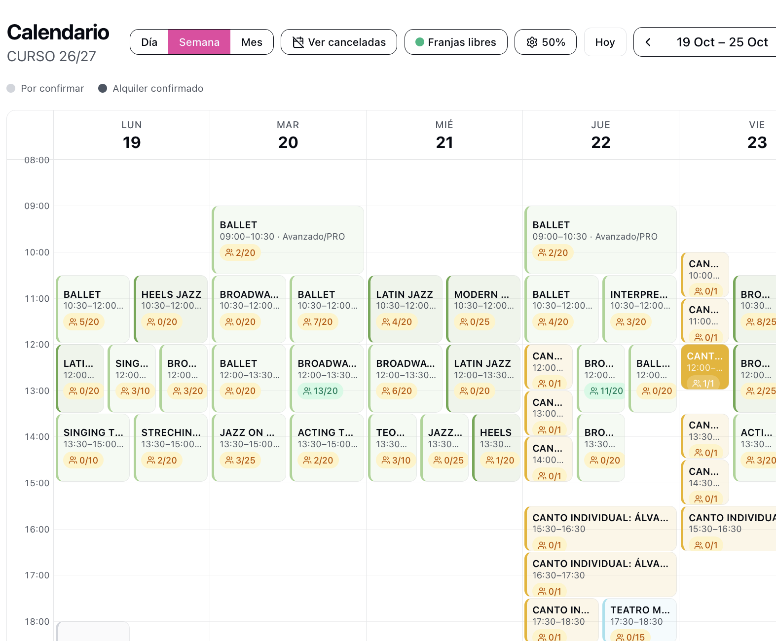 Calendario de clases de la academia